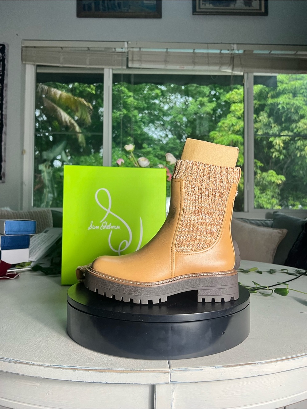 Sam Edelman Tan Knit-Panel Chelsea Lug Boot